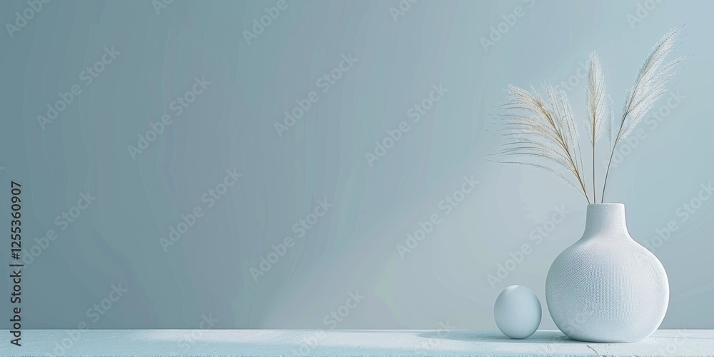 Poster a refined minimalist design with a light slate blue background, simple shapes and clean composition,
