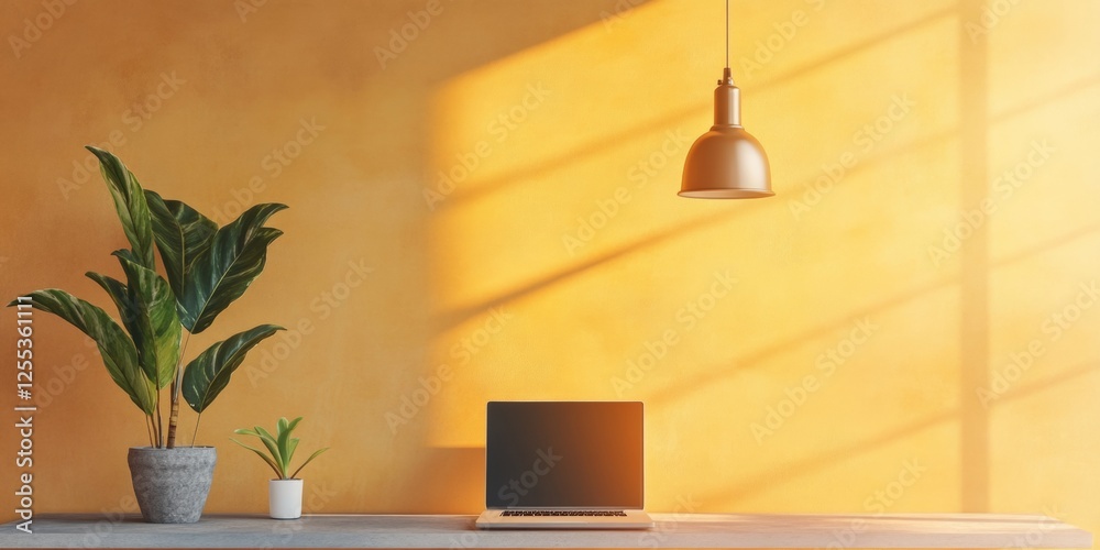 Poster minimalist tech workspace matte black laptop with desk accessories and cozy lighting - remote produc