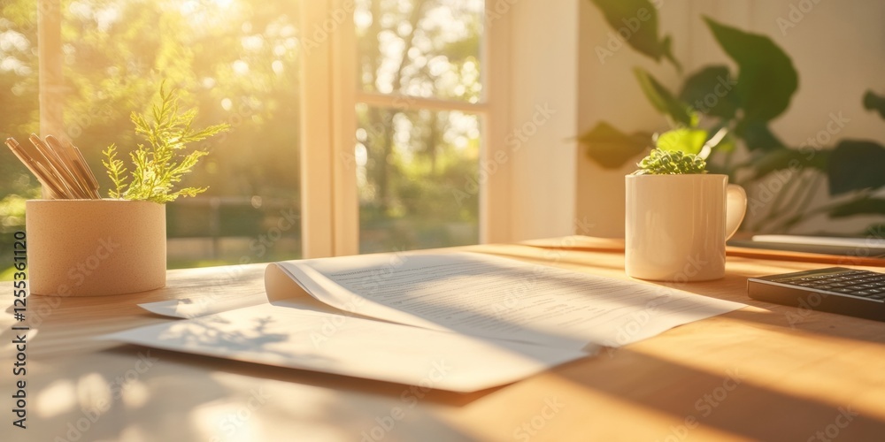 Poster sunlit eco workspace essentials sustainable desk with greenery and professional documents - modern t