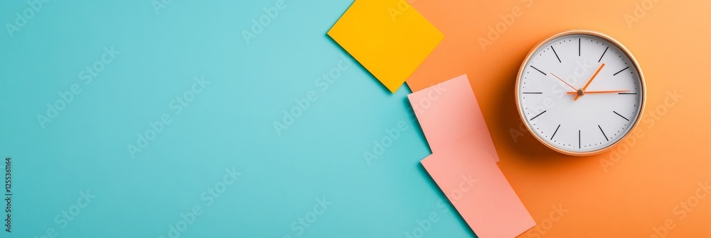 Poster Color Block Time Management Modern Clock and Pastel Notes on Vibrant Background - Dynamic Desk Organization and Tax Deadline Reminder for Efficient Office Planning