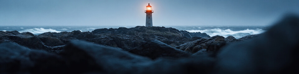 Obraz premium Lighthouse on Rocky Coastline During Storm