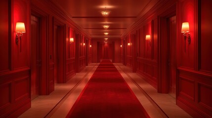 Fototapeta premium Red hotel hallway, luxurious, empty corridor, opulent interior