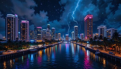 Fototapeta premium City skyline illuminated at night with reflections on the water in a vibrant urban landscape. Generative AI