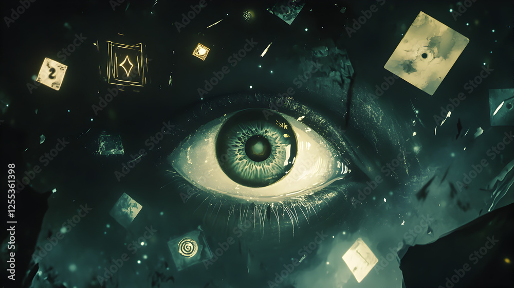 Wall mural eye with a deep, glowing pupil, revealing a parallel universe where time flows in reverse