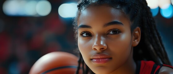 Focused athlete portrait of a young basketball player with braids and a determined gaze