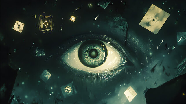 eye with a deep, glowing pupil, revealing a parallel universe where time flows in reverse 