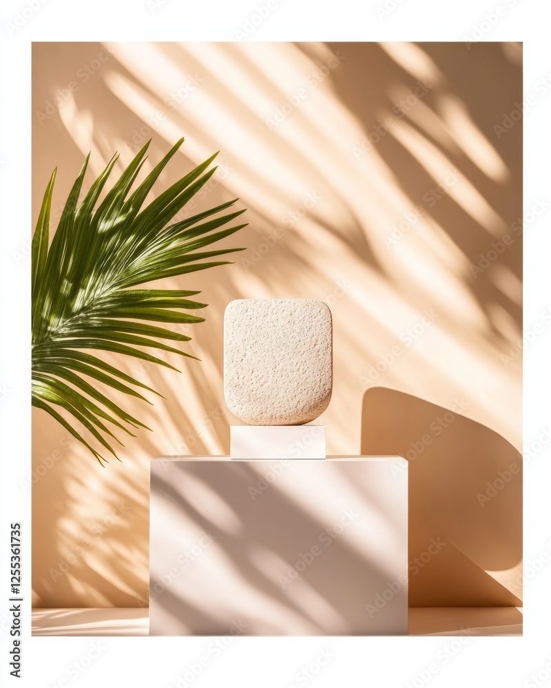 Aufkleber sustainable minimalist tech display organic stone with ceramic base and palm leaf shadow - modern de