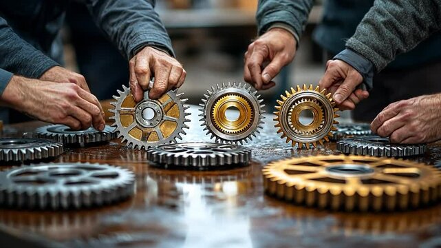 Teamwork Gears: Hands working together assembling intricate gears, symbolizing collaboration, innovation, and the seamless integration of complex systems.