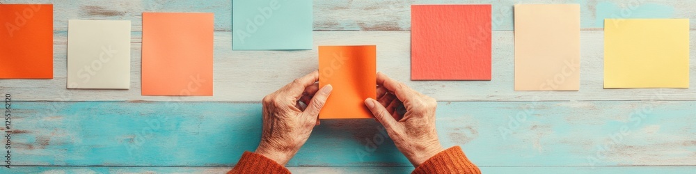 Poster Vibrant Workflow Coordination Colorful Card Arrangement on Rustic Wood for Dynamic Project Planning and Optimization in Creative Business Environments