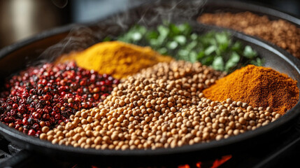 Spices being toasted in a pan, including cumin, coriander, and mustard seeds