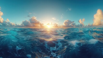 Fototapeta premium Ocean sunset panorama, waves, clouds, calm sea, travel