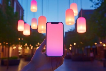 Vibrant Social Synergy Modern Mobile Interface with Illuminated Screens and Icons - Dynamic Digital Lifestyle and Social Connectivity for Tech Industry Engagement