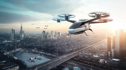 Futuristic aerial vehicle over a city skyline, envisioning the future of urban transportation