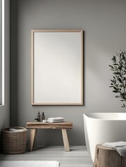 A Scandinavian-inspired bathroom with natural wooden accents and a framed blank canvas.