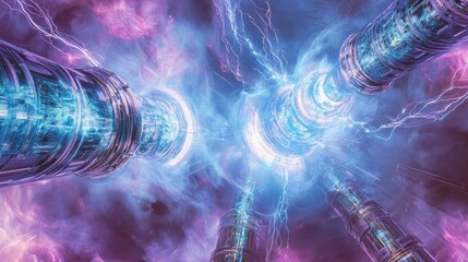 Surreal energy conduits with electrical arcs and ethereal atmosphere