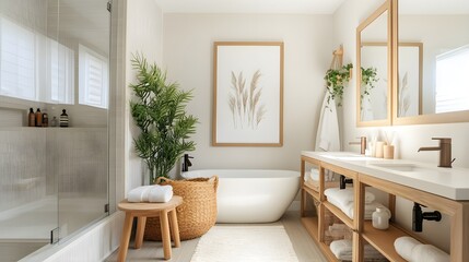 Fototapeta premium A Scandinavian-inspired bathroom with natural wooden accents and a framed blank canvas.