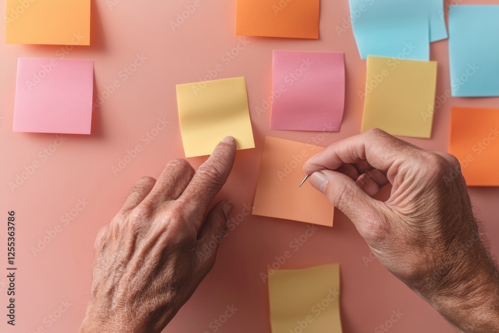 Fototapete Collaborative Process Enhancement Hands Organizing Vibrant Sticky Notes on Neutral Board - Agile Office Tools for Modern Business Growth and Continuous Improvement