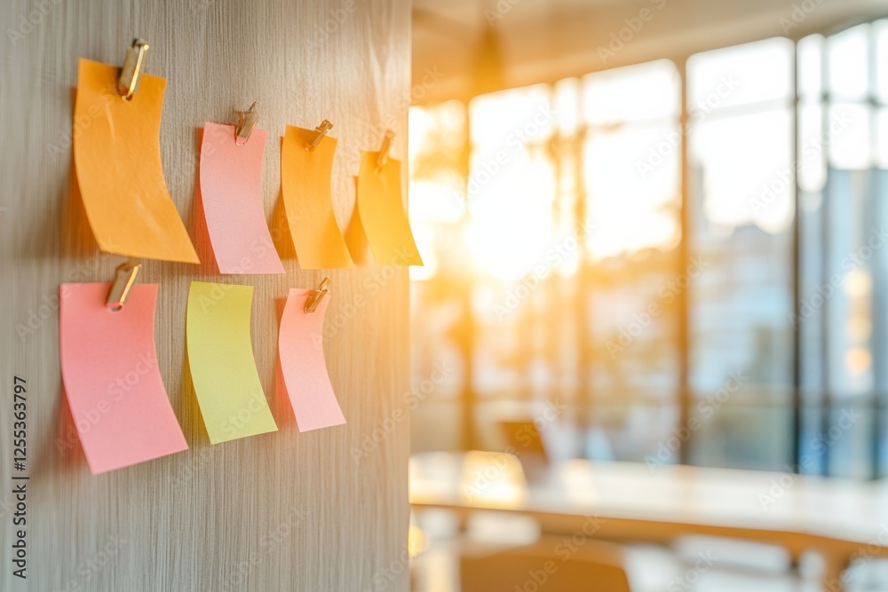 Poster modern collaborative workflow sticky notes on wooden panel in sunlit office - enhancing team efficie
