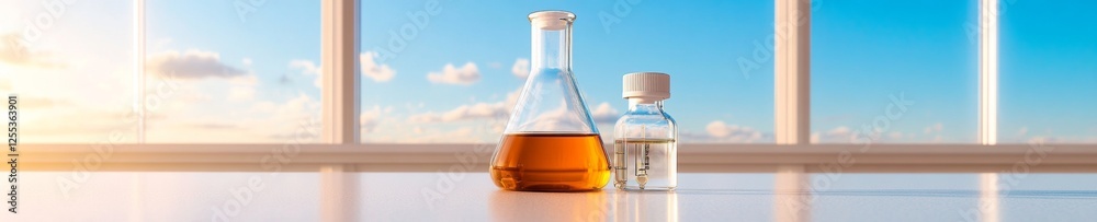 Poster minimalist pharmaceutical testing display clear glass flasks on sunlit surface - precision healthcar