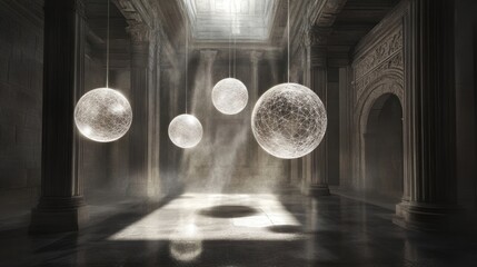 Mystical orbs illuminate an ancient hall with ornate columns and arches
