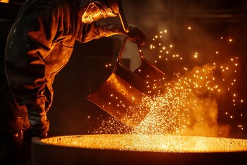 Molten metal poured by foundry worker industrial foundry photography factory environment close-up viewpoint metal casting process