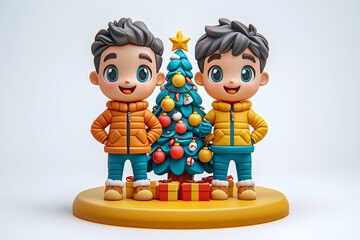 Cartoon boys in winter clothes stand by a decorated Christmas tree with presents..