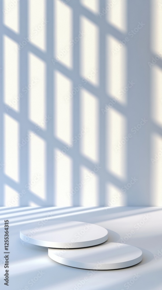 Aufkleber minimalist display pedestals white circular platforms in shadowed space - modern art exhibition setu