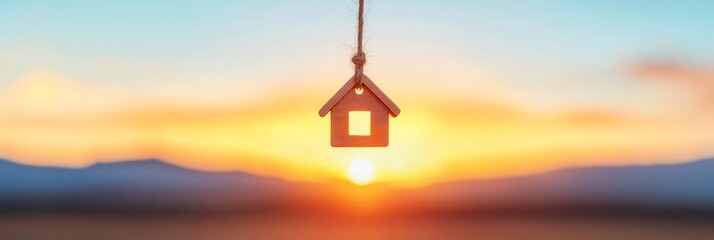 Fototapeta premium Golden Hour Real Estate Aesthetic Miniature Wooden House Model Against Sunset - Visual Storytelling for Modern Property Marketing and Home Ownership Inspiration