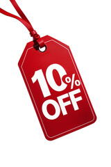 Red discount tag showing 10% off hanging on red ribbon with transparent background