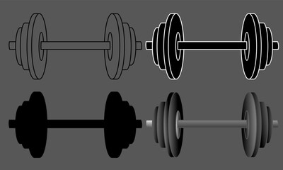 Set Vector illustration of a dumbbell in outline, silhouette, and 3D styles. Perfect for gym, fitness, weightlifting, bodybuilding, workout, sports, and strength training designs.