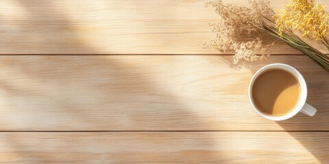 Scandinavian Minimalist Workspace Wooden Desk Setup with Coffee and Notebook - Enhancing Remote Work Efficiency and Digital Content Strategy for Modern Professionals