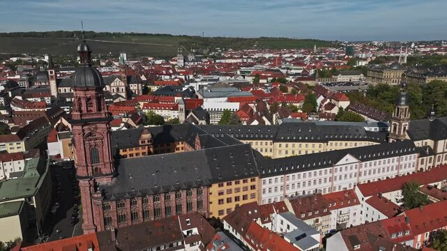 Aerial drone view of Marienberg Fortress (Festung Marienberg) in W&uuml;rzburg, Germany, showcasing the historic hilltop castle overlooking the Main River. 