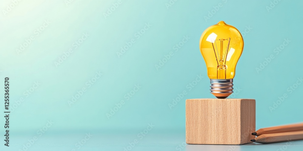 Fototapete Contemporary Workspace Element Wooden Block with Lightbulb Icon and Writing Tools on Minimal Desk - Business Innovation Content for Creative Industry Visionaries
