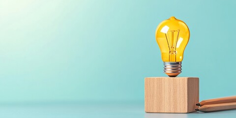 Contemporary Workspace Element Wooden Block with Lightbulb Icon and Writing Tools on Minimal Desk - Business Innovation Content for Creative Industry Visionaries