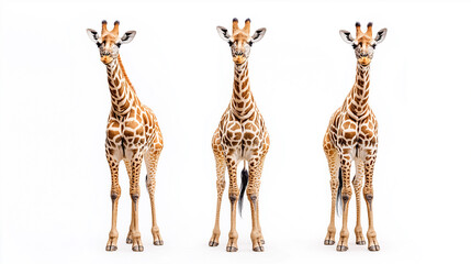 Obraz premium Three striking giraffes stand tall with their iconic patterned coats against a white background. Elegance in a minimalist scene.