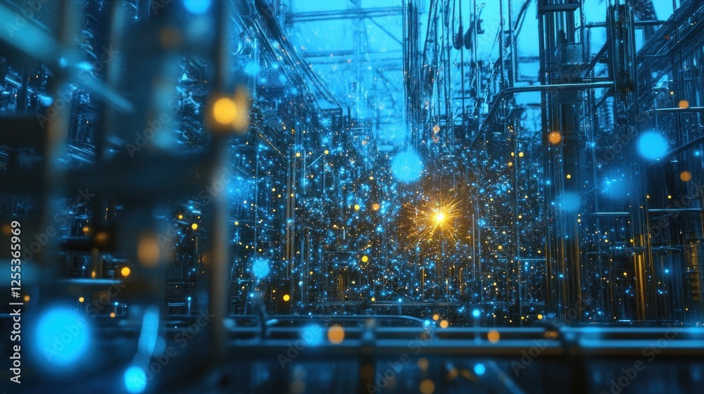 Poster complex network infrastructure with glowing particles and intricate structures