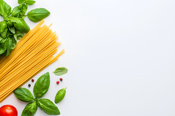 Top view raw spaghetti isolated on white background