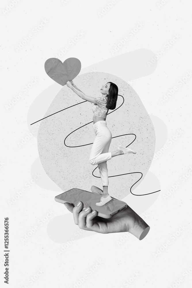 Poster creative abstract collage template graphics image of charming dreamy standing cell phone touch scree