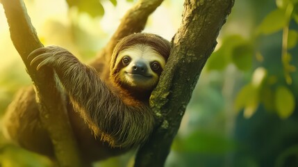 Fototapeta premium A friendly sloth hanging from a tree branch, lazily blinking at the viewer