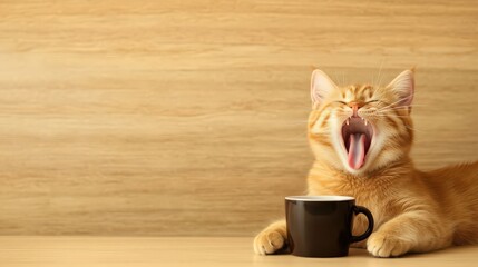 A funny cat stretching, yawning, and knocking over a cup of coffee