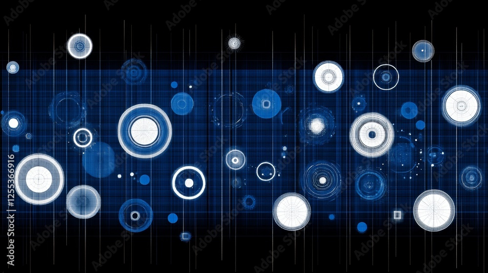 Poster abstract spherical forms on a grid network displaying a high tech design aesthetic