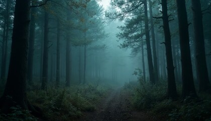 Obraz premium Mystical woodland path enveloped in ethereal fog and serene atmosphere