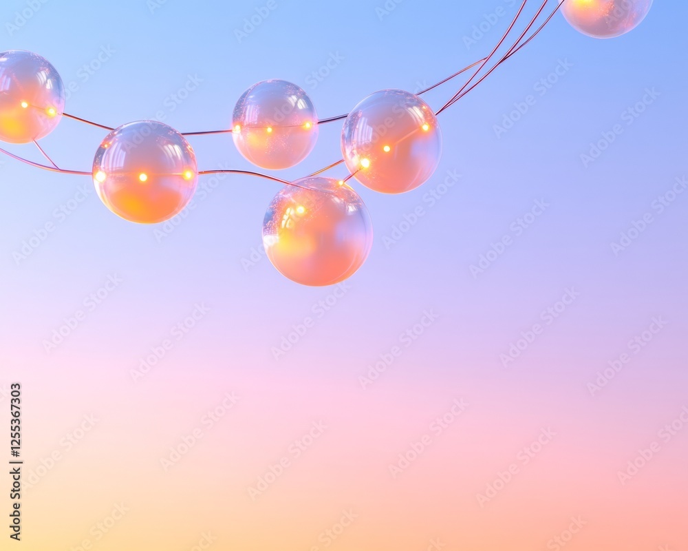 Poster Ethereal Neural Network Visual Glowing Spheres in Tranqil Dawn Sky for AI System Design and Tech-Inspired Digital Marketing Strategies