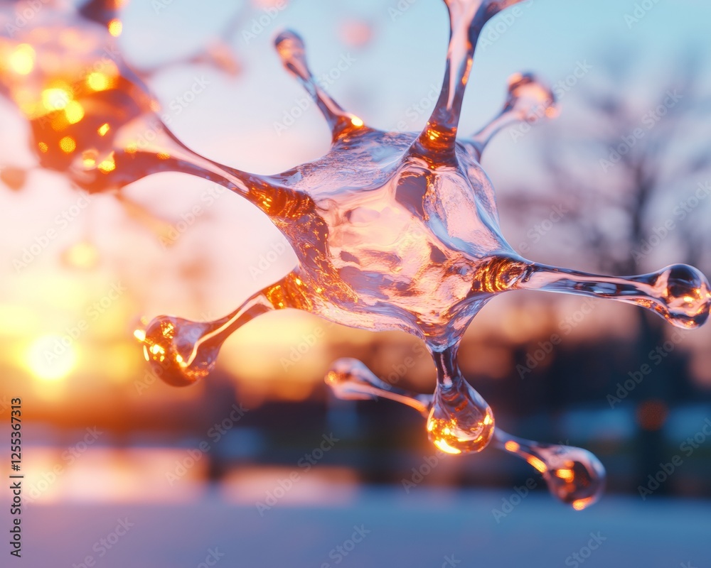 Poster Futuristic AI Aesthetic Glassy Neural Network Node in Warm Hues - Visualization for Tech Branding, Scientific Marketing and Innovative Data Solutions