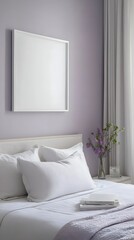 A serene lilac-themed bedroom with neutral decor and a framed white canvas above the headboard.