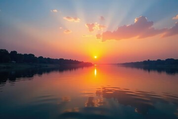Reflections on the calm waters of the Ganges at sunset, horizon, water, serene