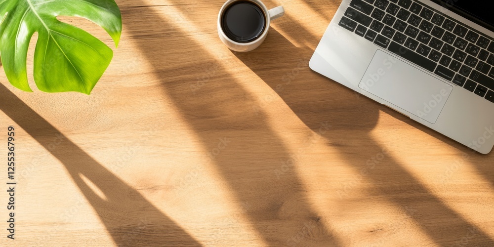 Poster scandinavian minimalist desk laptop and coffee on oak surface - remote work efficiency and digital w