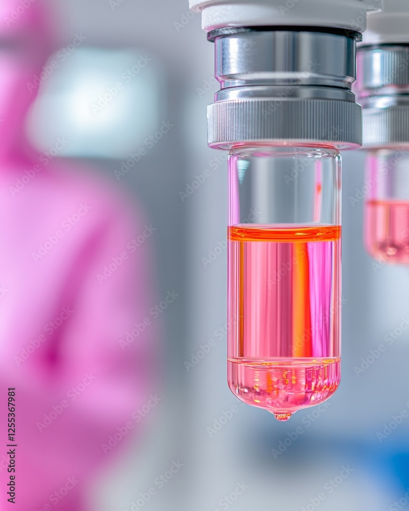 Poster futuristic laboratory design pink chemist in focus with precision glass vials and advanced monitorin