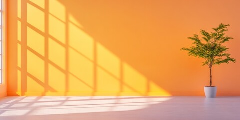 Sunlit Minimalism Open Office Design with Vibrant Orange Walls and Greenery - Inspiring Creative Workspace for Contemporary Professionals in the Digital Age