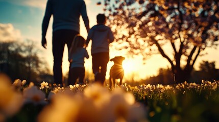 Fototapeta premium A beautiful family moment captured as they walk with their dog through a flower-filled park at sunset, radiating feelings of love, joy, and serenity amid nature's splendor.